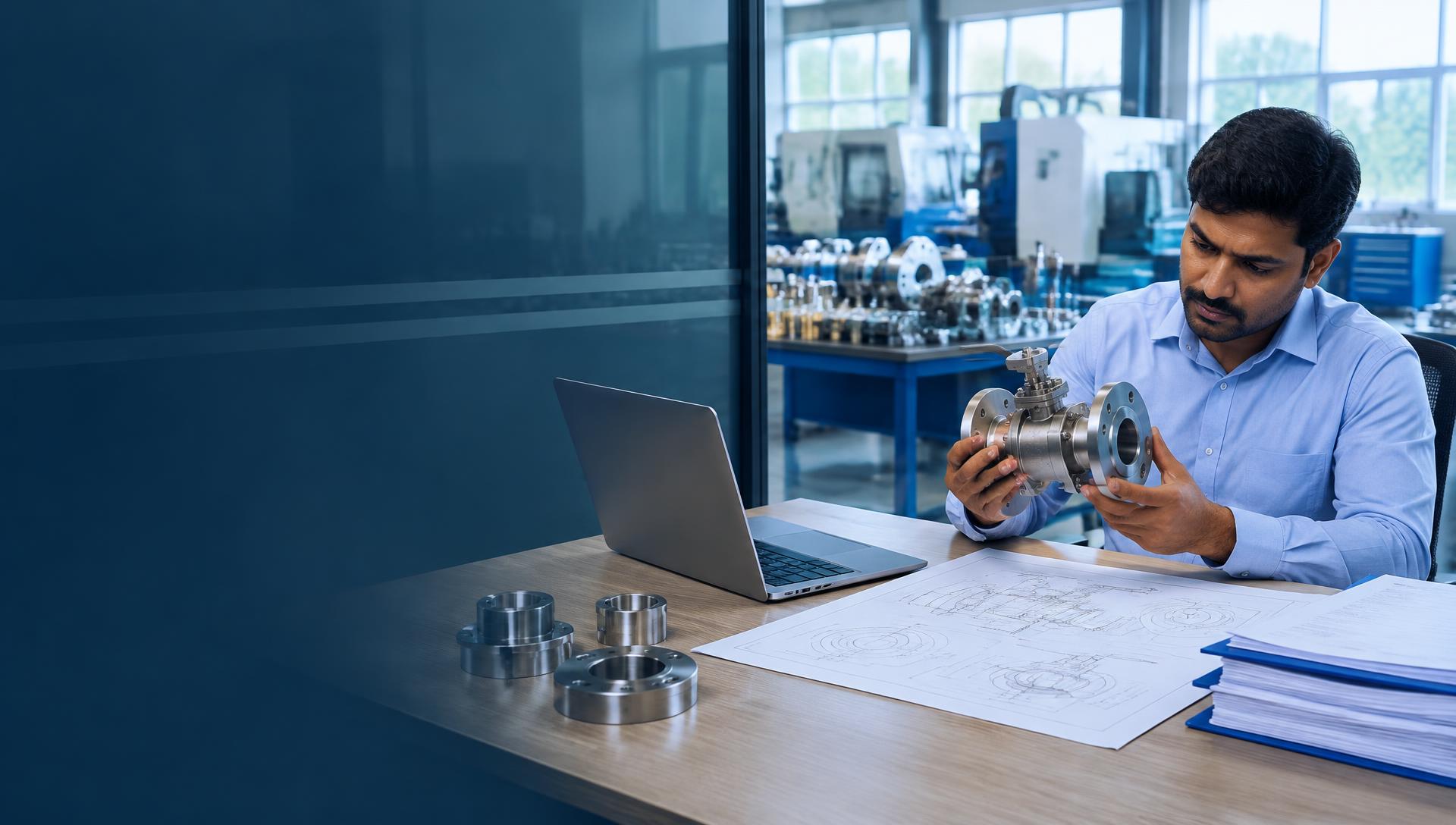 Illustrative industrial procurement scene with an engineer reviewing a valve and technical drawings